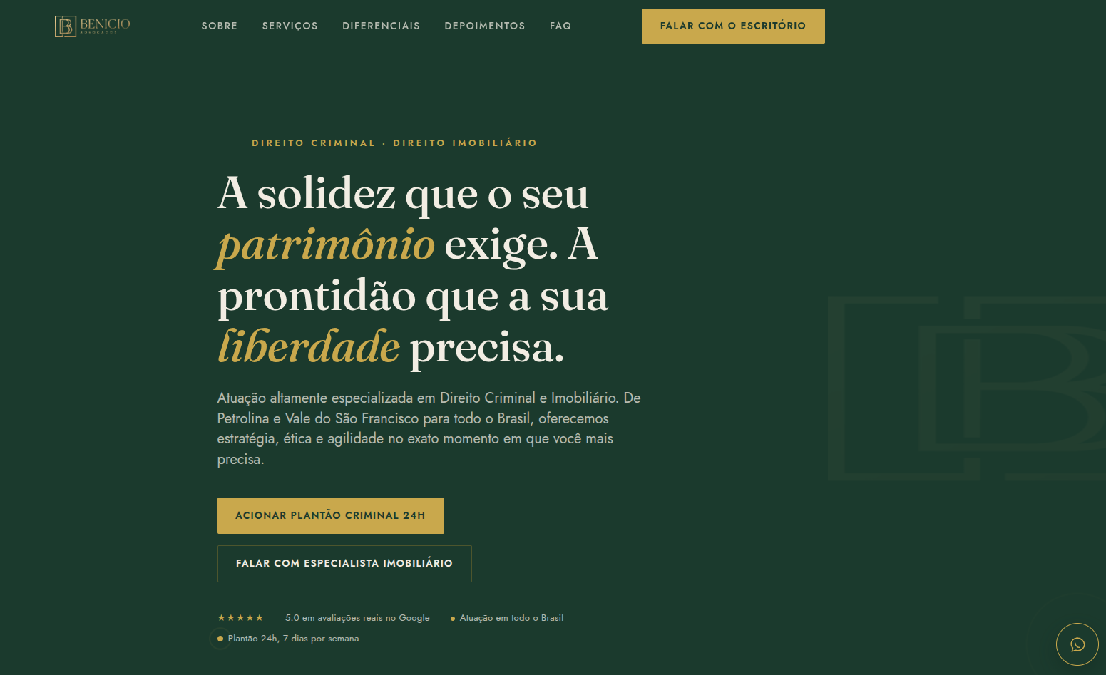 Site do escritório Benício Advogados na versão desktop