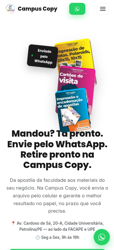 Versão mobile do site da gráfica Campus Copy, aberta no celular